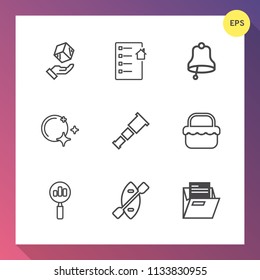 Modern, simple vector icon set on gradient background with boat, packaging, cardboard, bell, find, investment, business, alarm, folder, contract, night, estate, package, sky, search, space, moon icons