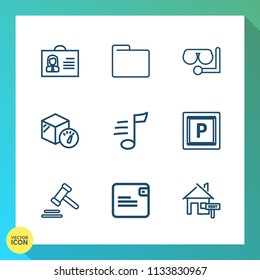 Modern, simple vector icon set on gradient background with business, folder, file, street, legal, transport, property, social, purse, money, car, profile, mask, music, sea, lawyer, house, melody icons