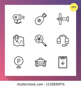 Modern, simple vector icon set on gradient background with electric, hair, pin, headset, female, sign, map, lot, sound, fly, download, travel, war, airplane, aircraft, fan, support, location icons