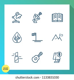 Modern, simple vector icon set on gradient background with electricity, paper, page, literature, lamp, science, table, mexico, modern, light, interior, nature, baja, dish, object, landscape, red icons