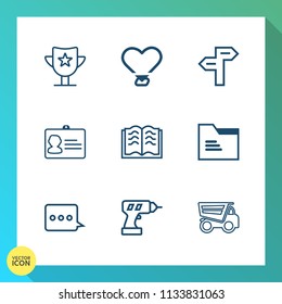Modern, simple vector icon set on gradient background with victory, winner, way, vehicle, road, hand, heart, arrow, document, work, equipment, name, literature, sport, file, id, prize, direction icons