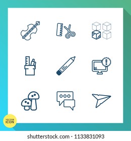 Modern, simple vector icon set on gradient background with stylist, hairdresser, stationery, internet, comb, house, send, bubble, office, string, monitor, music, fashion, work, pen, relocation icons