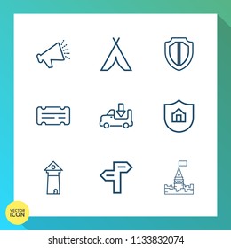 Modern, simple vector icon set on gradient background with equipment, music, protect, audio, volume, ticket, tent, castle, shield, coupon, tower, truck, europe, tourism, sound, transportation icons