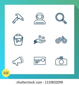 Modern, simple vector icon set on gradient background with photography, hammer, spacesuit, handle, bike, stereo, equipment, universe, coin, hand, glass, astronomy, tool, transportation, tape icons