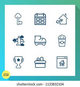 Modern, simple vector icon set on gradient background with time, business, security, lock, day, achievement, airplane, conference, aircraft, calendar, speaker, timetable, estate, vintage, key icons