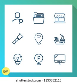 Modern, simple vector icon set on gradient background with computer, sea, laptop, sky, office, empty, website, telescope, paper, web, object, store, car, road, search, electricity, electric, lot icons