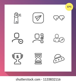 Modern, simple vector icon set on gradient background with communication, spaceship, sky, beach, award, first, sea, account, technology, hour, timer, sun, user, style, web, achievement, clock icons