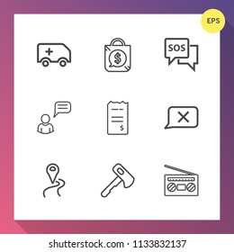 Modern, simple vector icon set on gradient background with city, ambulance, transport, bill, record, rescue, danger, sound, closed, help, transportation, label, tag, car, road, music, location icons
