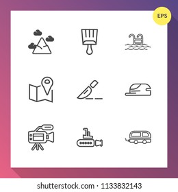 Modern, simple vector icon set on gradient background with swimming, doctor, travel, grunge, vehicle, map, landscape, top, bus, transportation, pin, marine, video, paintbrush, mountain, road icons