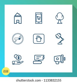 Modern, simple vector icon set on gradient background with video, app, addiction, megaphone, cigarette, record, real, house, graphic, landscape, announcement, camera, view, electricity, sign, no icons