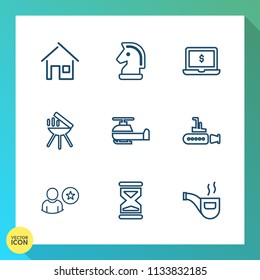 Modern, simple vector icon set on gradient background with technology, modern, tobacco, strategy, profile, laptop, building, transportation, home, timer, business, online, estate, undersea, hour icons