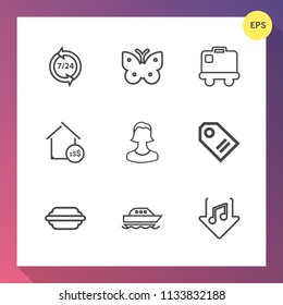 Modern, simple vector icon set on gradient background with price, business, property, bag, sea, hamburger, download, avatar, profile, burger, summer, operator, sound, support, fly, lettuce, food icons