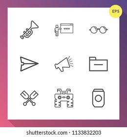 Modern, simple vector icon set on gradient background with loud, water, instrument, web, optical, communication, trumpet, folder, canoe, extreme, eye, voice, metal, document, business, orchestra icons