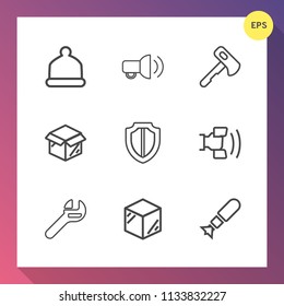 Modern, simple vector icon set on gradient background with white, cap, security, new, repair, construction, spanner, hat, unpacking, product, cardboard, falling, technology, protection, style icons