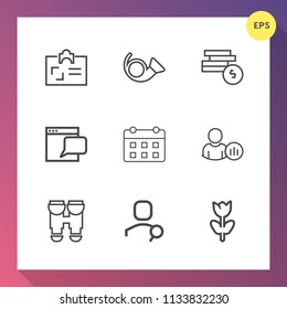 Modern, simple vector icon set on gradient background with flower, spring, social, internet, time, day, identity, jazz, cash, search, bank, chat, floral, id, timetable, website, account, blossom icons
