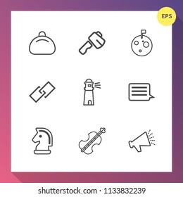 Modern, simple vector icon set on gradient background with lighthouse, modern, speaker, game, sea, link, web, axe, musical, chess, ocean, construction, hyperlink, fashion, music, loudspeaker icons