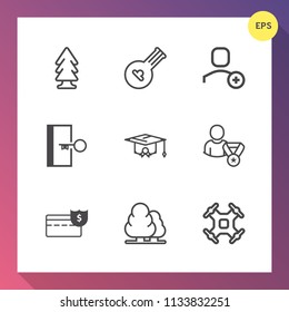 Modern, simple vector icon set on gradient background with melody, drone, environment, music, money, sign, school, folk, forest, wooden, aerial, escape, bank, sound, user, university, door, wood icons