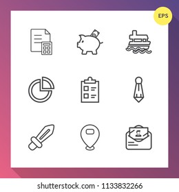 Modern, simple vector icon set on gradient background with weapon, ship, chart, mark, map, check, piggy, boat, money, transport, coin, sword, investment, tick, pie, vessel, financial, post, male icons