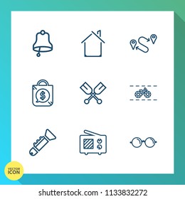 Modern, simple vector icon set on gradient background with ring, signal, alert, transportation, position, alarm, paddle, optical, oar, trumpet, bag, wireless, bicycle, eyesight, antenna, cycle icons
