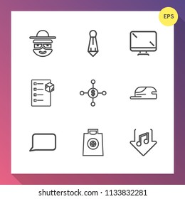 Modern, simple vector icon set on gradient background with investment, cap, screen, tie, face, finance, character, buy, money, fashion, music, digital, cartoon, sound, bubble, suit, professional icons
