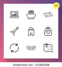 Modern, simple vector icon set on gradient background with concept, white, object, carnival, home, screen, graph, party, musical, chart, cuisine, pin, tasty, music, laptop, soup, travel, reload icons