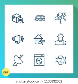 Modern, simple vector icon set on gradient background with economy, satellite, engineer, travel, home, mobile, view, logistics, business, city, cell, bus, spaceship, loud, passenger, statistic icons