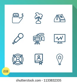 Modern, simple vector icon set on gradient background with camera, address, drink, nature, book, music, tree, office, kettle, construction, marketing, kitchen, doctor, customer, business, summer icons