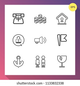 Modern, simple vector icon set on gradient background with contact, industry, warehouse, people, open, nation, boy, destruction, home, goods, standing, boat, unlock, crash, distribution, glass icons