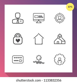 Modern, simple vector icon set on gradient background with estate, employer, office, people, credit, sunrise, house, leather, sun, architecture, object, customer, targeting, employment, concept icons