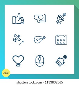Modern, simple vector icon set on gradient background with good, ok, beach, finger, schedule, mouse, guitar, technology, scuba, musical, like, calendar, timetable, thumb, up, day, plane, sea icons