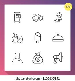 Modern, simple vector icon set on gradient background with email, travel, trip, message, box, loud, bowling, package, business, financial, bellhop, bag, ice, food, banking, speaker, game, sign icons