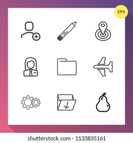 Modern, simple vector icon set on gradient background with employee, sign, circle, employer, pencil, location, account, office, user, gps, delete, airplane, job, stationery, center, plane, blank icons