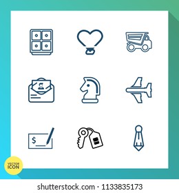 Modern, simple vector icon set on gradient background with tipper, pen, tie, house, male, chess, currency, dump, shape, dumper, safe, finance, travel, flight, money, mail, airplane, bank, key icons