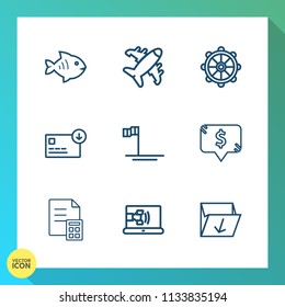 Modern, simple vector icon set on gradient background with nautical, box, helm, online, square, baja, plane, travel, transportation, fly, flight, airplane, ship, money, mexico, beach, aviation icons