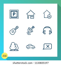 Modern, simple vector icon set on gradient background with forest, architecture, construction, graph, growth, rock, estate, headphone, real, global, sound, environment, sign, nature, modern, car icons
