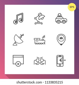 Modern, simple vector icon set on gradient background with train, light, page, phone, suitcase, transport, music, festival, interior, antenna, musical, bag, white, dish, car, furniture, carnival icons