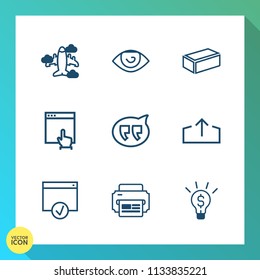 Modern, simple vector icon set on gradient background with plane, material, aviation, technology, chat, upload, nose, airplane, web, speech, flight, human, brick, construction, building, page icons