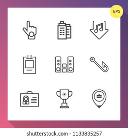 Modern, simple vector icon set on gradient background with cup, point, competition, direction, badge, person, index, woman, job, play, estate, city, download, music, player, rod, label, profile icons