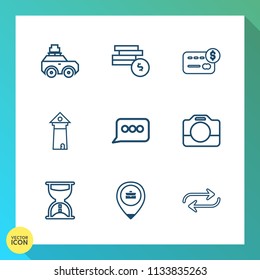 Modern, simple vector icon set on gradient background with currency, transportation, time, equipment, work, bank, wealth, card, job, camera, chat, message, car, tower, architecture, substitute icons