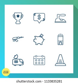 Modern, simple vector icon set on gradient background with hotel, gun, business, competition, money, finance, luxury, ironing, bank, iron, van, ladder, travel, price, domestic, television, award icons