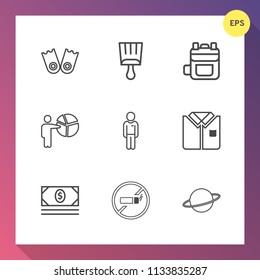 Modern, simple vector icon set on gradient background with space, backpack, shirt, bank, summer, addiction, business, flipper, no, underwater, coin, cash, sea, orbit, brush, texture, astronomy icons