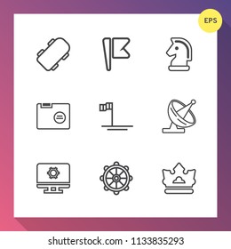 Modern, simple vector icon set on gradient background with flag, skateboard, game, blank, chessboard, helm, rudder, usa, extreme, queen, communication, technology, file, setting, style, mexico icons