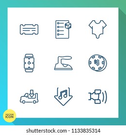 Modern, simple vector icon set on gradient background with luck, housework, iron, cargo, show, bodysuit, entertainment, music, checklist, transportation, paper, model, home, hand, game, box icons