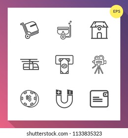 Modern, simple vector icon set on gradient background with journey, airport, sport, summer, bank, finance, game, cash, travel, pole, tripod, architecture, atm, mask, blue, sea, home, estate, bag icons
