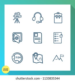 Modern, simple vector icon set on gradient background with pretty, retro, center, headset, help, phone, location, operator, personal, equipment, card, audio, microphone, professional, travel, id icons