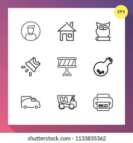 Modern, simple vector icon set on gradient background with estate, instrument, bird, printer, house, animal, laboratory, music, business, construction, movie, property, internet, home, social icons