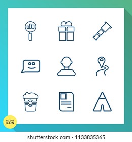 Modern, simple vector icon set on gradient background with find, ribbon, package, night, astronomy, outdoor, coffee, giftbox, magnifying, camp, location, profile, mug, navigation, cup, magnifier icons