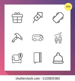 Modern, simple vector icon set on gradient background with equipment, board, celebration, progress, christmas, modern, left, surprise, box, fashion, highway, book, paper, move, hat, holiday, cap icons