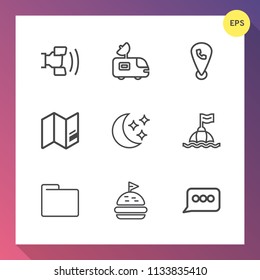 Modern, simple vector icon set on gradient background with mobile, moon, truck, life, water, tomato, buoy, star, travel, phone, technology, world, cell, lunch, satellite, antenna, news, sky, sea icons