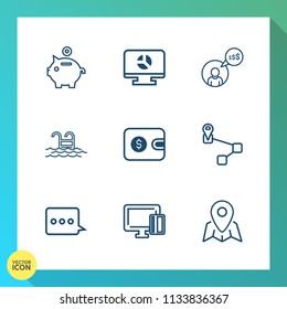 Modern, simple vector icon set on gradient background with banner, pig, computer, location, pin, infographic, payment, banking, card, money, online, map, business, credit, economy, navigation icons